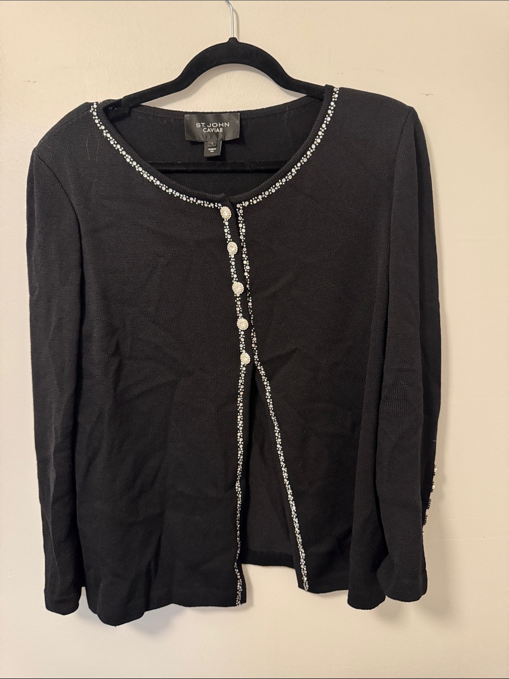 St. John Black Knit Cardigan with Crystal-Trim